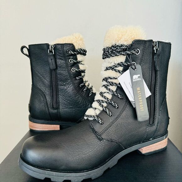 SOREL Emelie Genuine Shearling Lamb Fur Short Lace-Up Boot, Black, Size 7.5, NWT - Picture 6 of 17